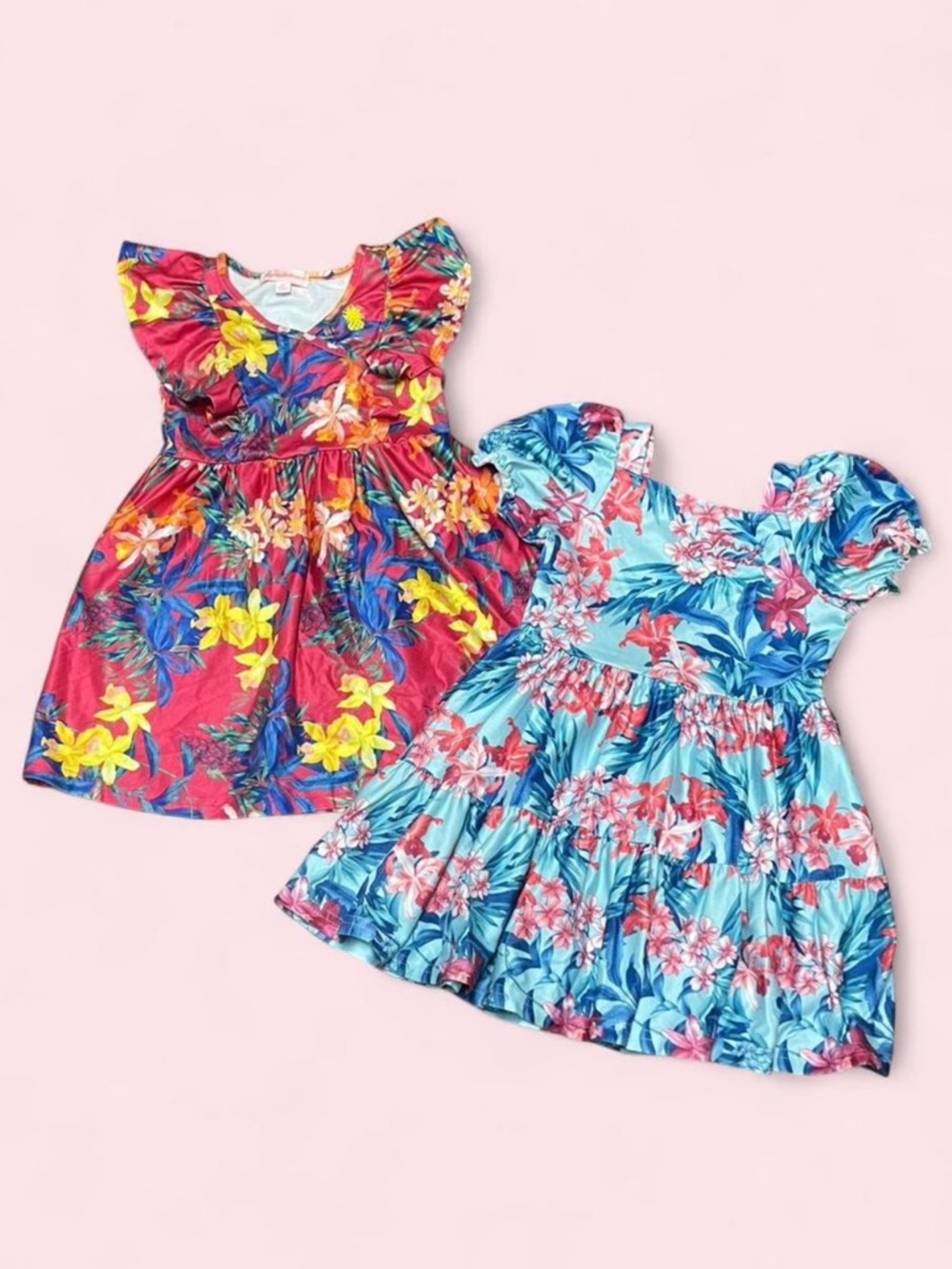 Bundle of 2 Tommy Bahama Girls Dresses 2T Tropical Floral Pink Blue EUC